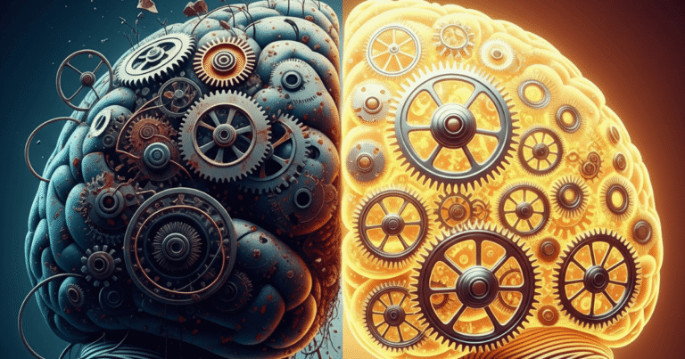 Ilustração de um cérebro se tornando organizado, representando o processo de como vencer a procrastinação.
