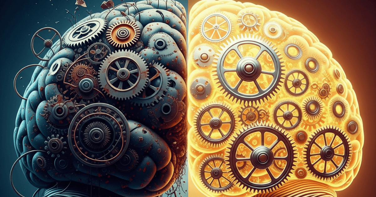 Ilustração de um cérebro se tornando organizado, representando o processo de como vencer a procrastinação.