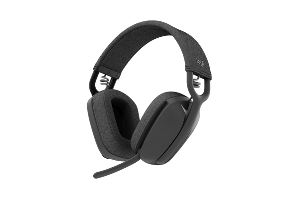 Headset sem fio profissional Logitech Zone Vibe 100 na cor grafite, sendo usado em um ambiente de escritório.