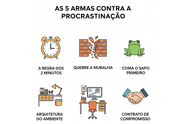 Infográfico com 5 ícones das estratégias científicas para parar de procrastinar.