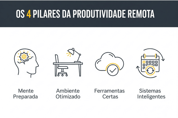 Infográfico com os 4 pilares para ser produtivo trabalhando em casa.