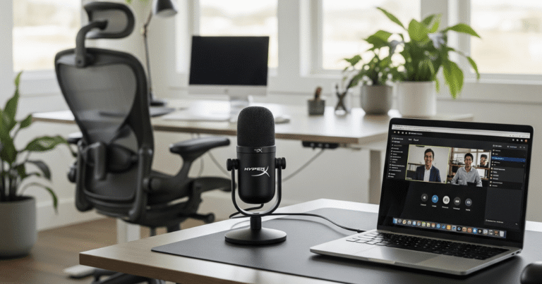 Microfone profissional em uma mesa de home office organizada, em frente a um notebook durante uma reunião online.