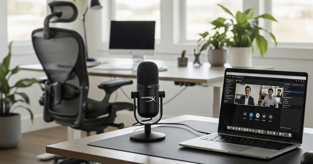 Microfone profissional em uma mesa de home office organizada, em frente a um notebook durante uma reunião online.