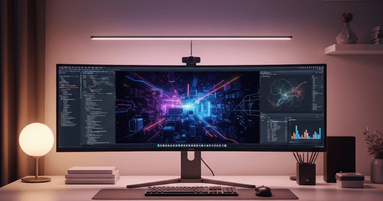 Home office moderno com um monitor ultrawide mostrando gráficos de produtividade.