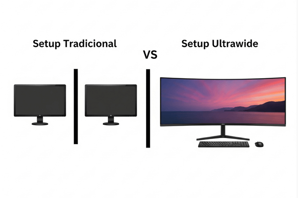 Comparativo visual entre um setup com dois monitores e um setup com um monitor ultrawide único.