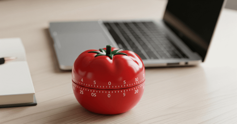 Timer de cozinha vermelho em formato de tomate, simbolizando a Técnica Pomodoro.