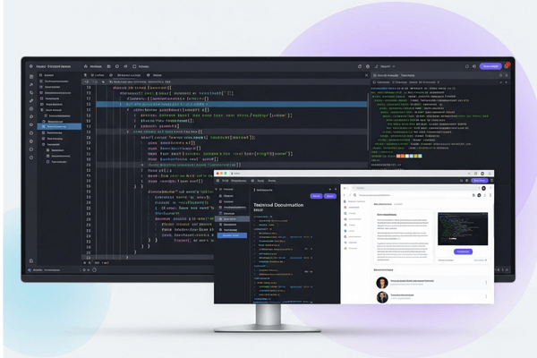 Exemplo de tela de um programador usando um monitor ultrawide para ver código, terminal e navegador ao mesmo tempo.