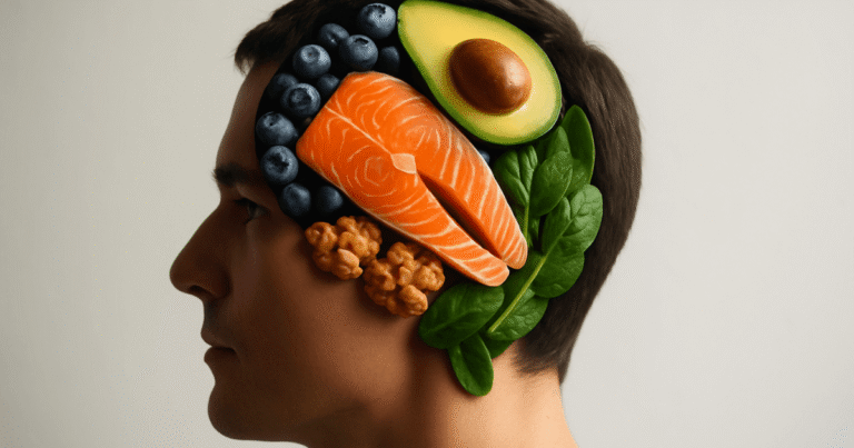 Ilustração de um cérebro saudável composto por alimentos para o cérebro e memória, como nozes e mirtilos.
