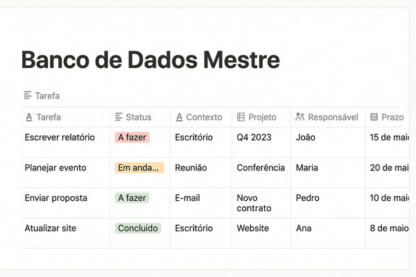 Exemplo da estrutura do banco de dados mestre para um template GTD no Notion, com suas propriedades.