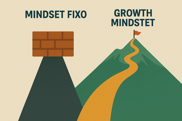 Ilustração dos dois caminhos: o do mindset fixo que termina em um muro e o do growth mindset que leva ao topo de uma montanha.