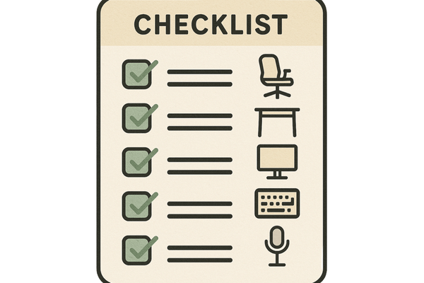 Checklist visual com os equipamentos essenciais para um home office produtivo.