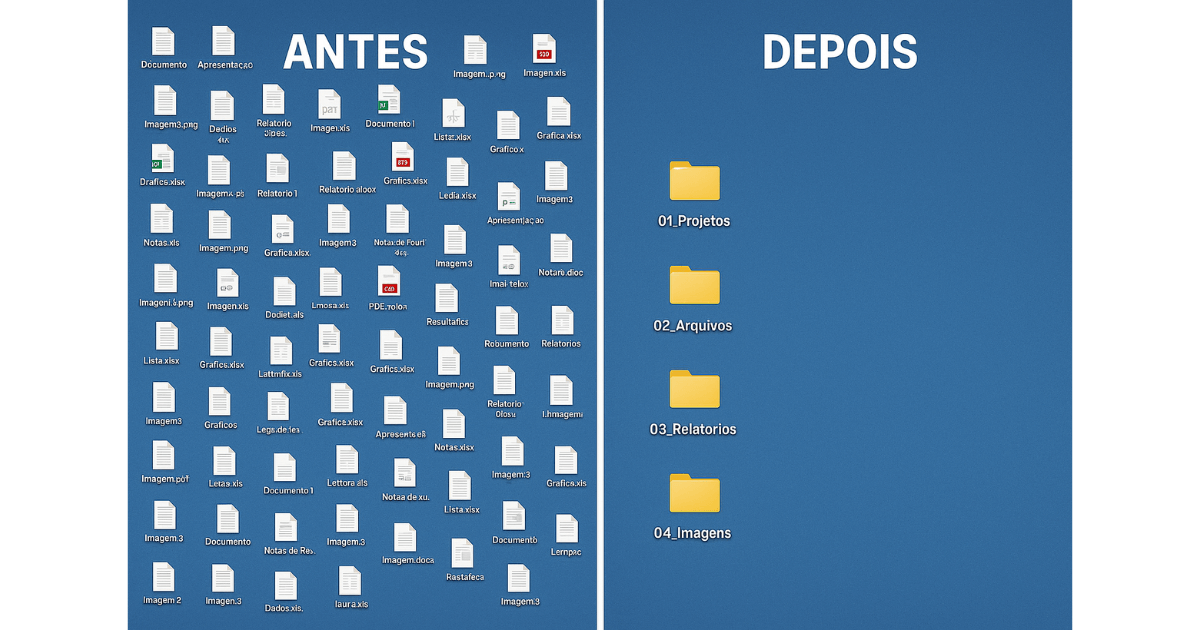 Antes e depois de uma área de trabalho de computador, mostrando como organizar arquivos e pastas.