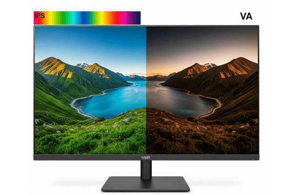 Comparativo visual entre a precisão de cores de um painel IPS e o alto contraste de um painel VA.