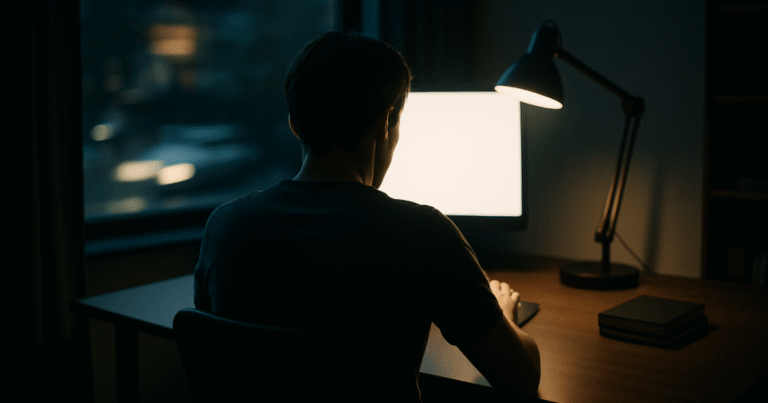 Profissional em estado de Deep Work, com foco total em seu computador em um ambiente sem distrações.