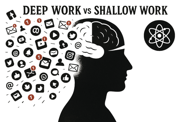 Ilustração comparando o cérebro em modo de trabalho superficial (distraído) vs. em modo Deep Work (focado).