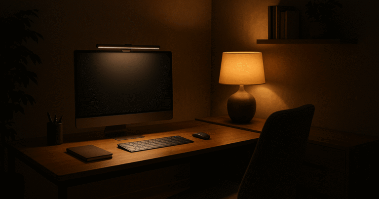 Ambiente de home office com iluminação profissional para evitar cansaço visual.