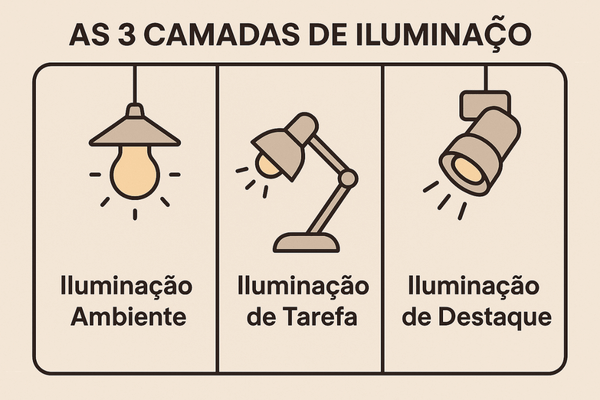 Infográfico explicando as três camadas da iluminação de escritório: ambiente, tarefa e destaque.