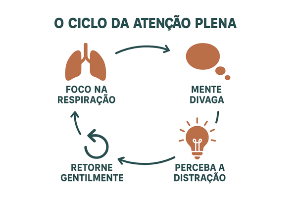 Infográfico com os 4 passos do ciclo da meditação mindfulness, ideal para iniciantes.