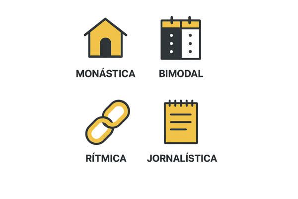 Infográfico explicando as 4 filosofias de agendamento do Deep Work: Monástica, Bimodal, Rítmica e Jornalística.