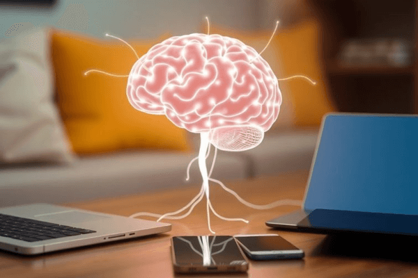Cérebro humano conectado a dispositivos digitais