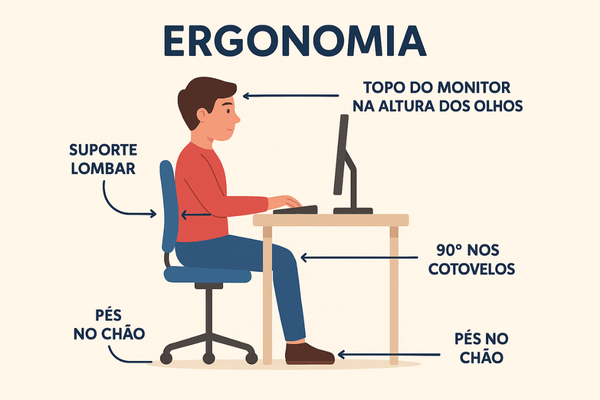Infográfico com 5 dicas de ergonomia para a postura correta no trabalho remoto.