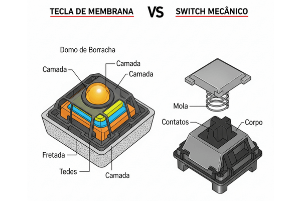 Ilustração técnica mostrando a diferença entre o mecanismo de um teclado mecânico e um de membrana.