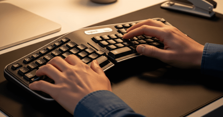 Mãos digitando confortavelmente em um teclado ergonômico em um escritório bem iluminado.