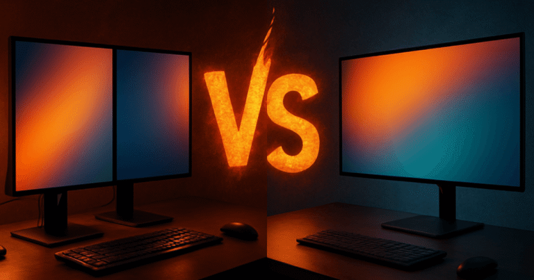 Comparativo lado a lado de um setup com monitor ultrawide versus um com dois monitores.