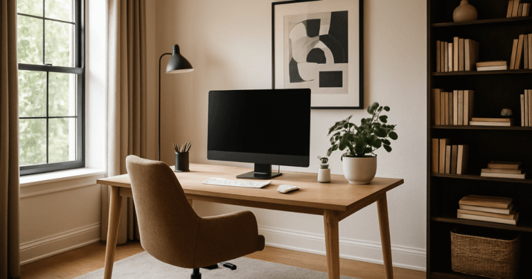 Um home office perfeito, totalmente montado, com cadeira ergonômica e monitor ultrawide.