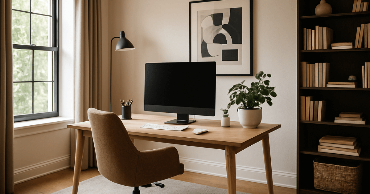 Um home office perfeito, totalmente montado, com cadeira ergonômica e monitor ultrawide.