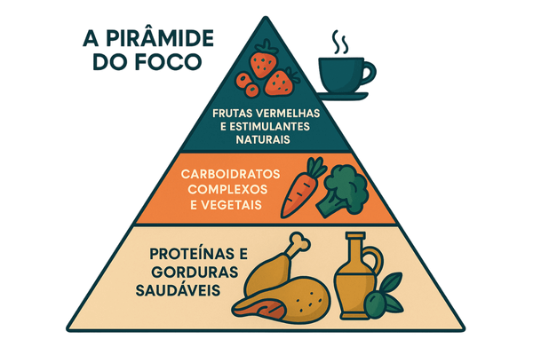 Pirâmide alimentar do foco, mostrando os melhores alimentos para a performance cerebral.