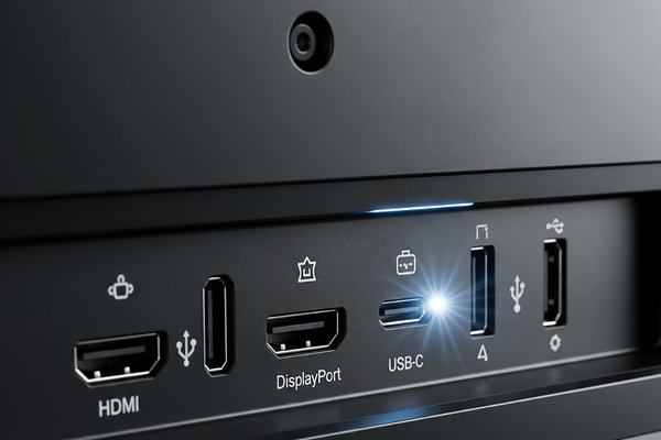 Close-up das portas de um monitor moderno, mostrando as entradas HDMI, DisplayPort e USB-C.