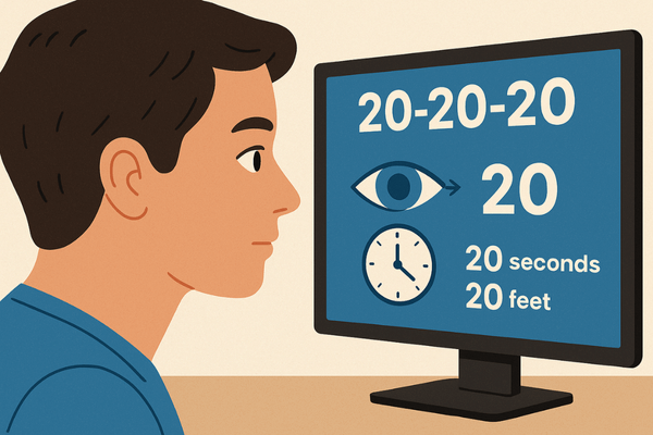 Ilustração da regra 20-20-20 para evitar o cansaço visual no home office.