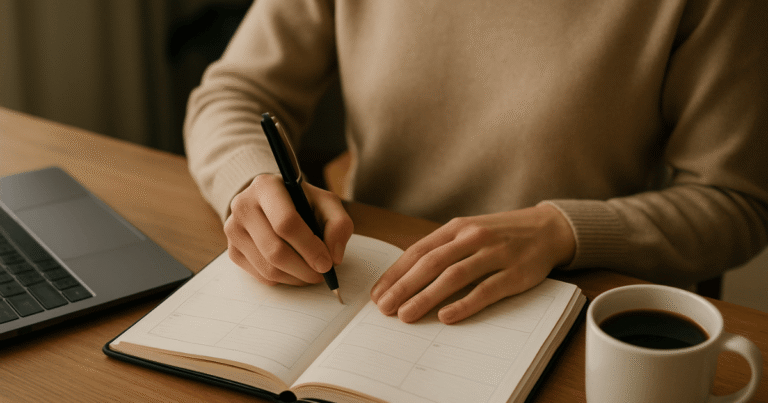 Pessoa fazendo sua revisão semanal em um planner, planejando seus objetivos.