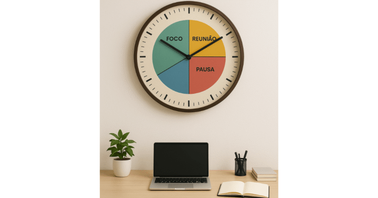 Ilustração de uma rotina home office de alta performance dividida em blocos de tempo.