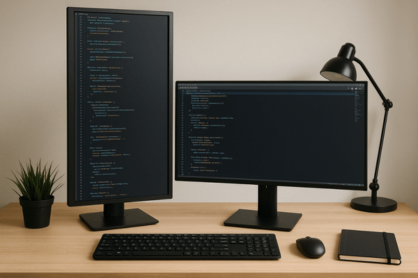 Setup de trabalho com dois monitores, sendo um na vertical para programação.