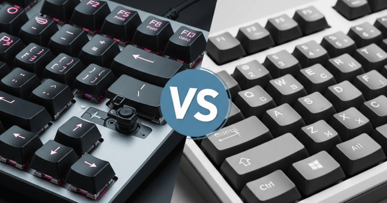 Comparativo lado a lado entre um teclado mecânico e um teclado de membrana.