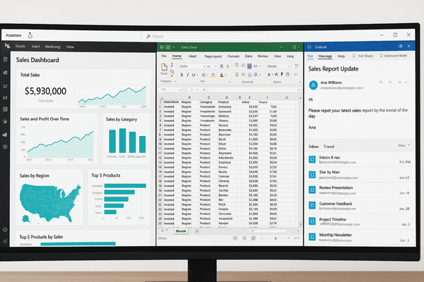 Tela de um monitor ultrawide mostrando multitarefa com Excel, Power BI e e-mail abertos.