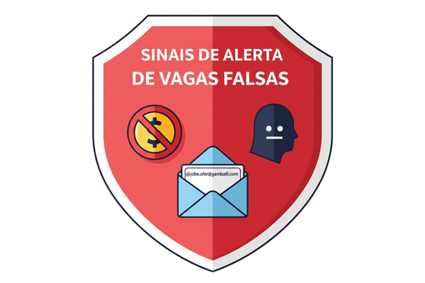 Ilustração com os sinais de alerta para identificar e evitar golpes de vagas home office falsas.