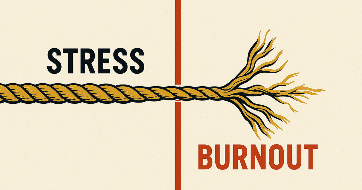 Ilustração mostrando a diferença entre estresse (uma corda tensa) e burnout (uma corda arrebentando).