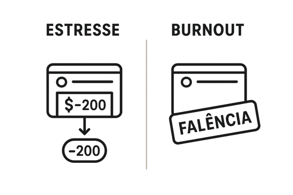 Infográfico da conta bancária de energia, explicando a diferença entre estresse e burnout.