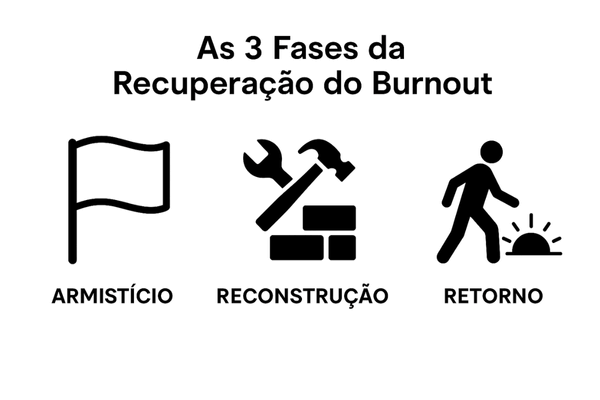 Infográfico com as 3 fases da recuperação do burnout: armistício, reconstrução e retorno.