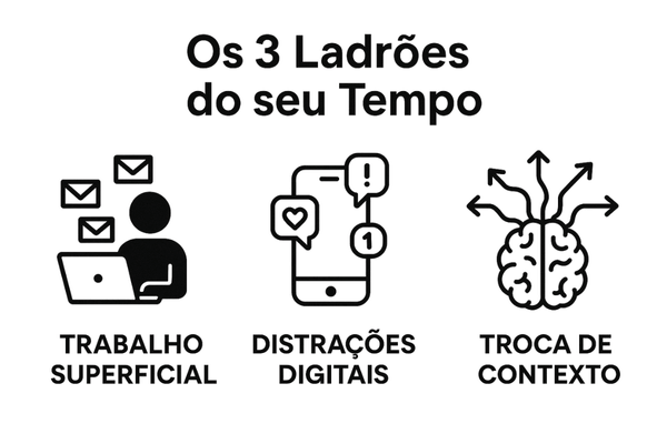 Infográfico com os 3 maiores ladrões da gestão do tempo: trabalho superficial, distrações e troca de contexto.