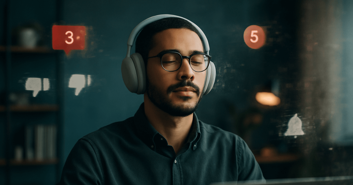 Uma foto com estilo cinematográfico de um profissional em um home office moderno, usando fones de ouvido premium (como o Sony WH-1000XM5). Ele está com os olhos fechados e uma expressão de foco e calma, enquanto o mundo ao seu redor (representado por ícones de notificações e ruído) está desfocado e se dissolvendo.