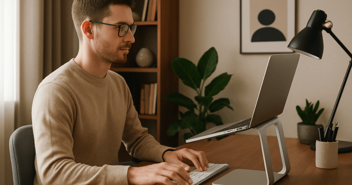 Uma foto de um home office elegante, com o foco em um notebook elevado por um suporte de alumínio estiloso. A pessoa está trabalhando com uma postura visivelmente correta e confortável, usando um teclado e mouse externos.