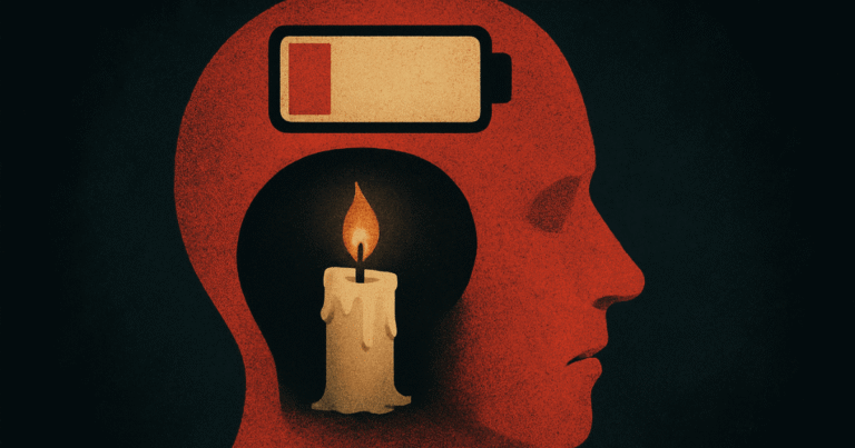 Ilustração conceitual dos sintomas de burnout, mostrando uma bateria de energia mental esgotada.