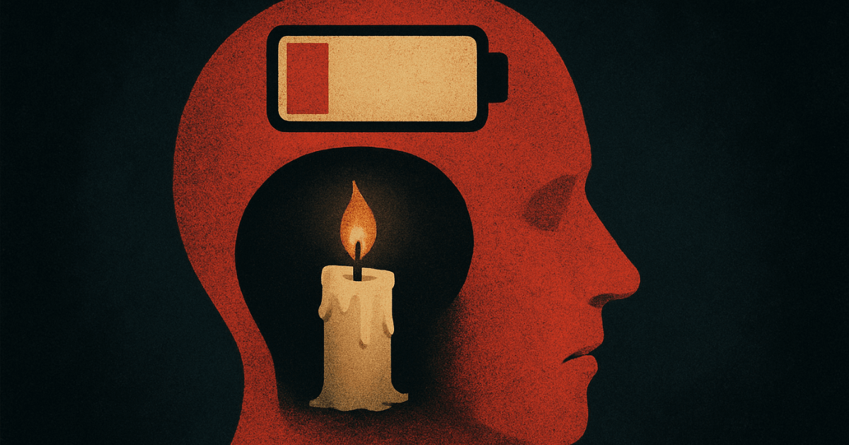 Ilustração conceitual dos sintomas de burnout, mostrando uma bateria de energia mental esgotada.