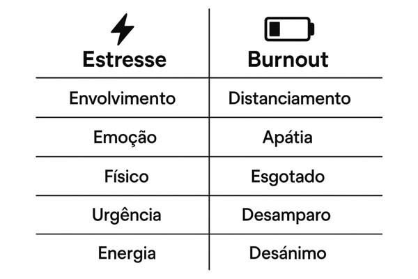 Tabela comparativa com os principais sintomas que mostram a diferença entre estresse e burnout.