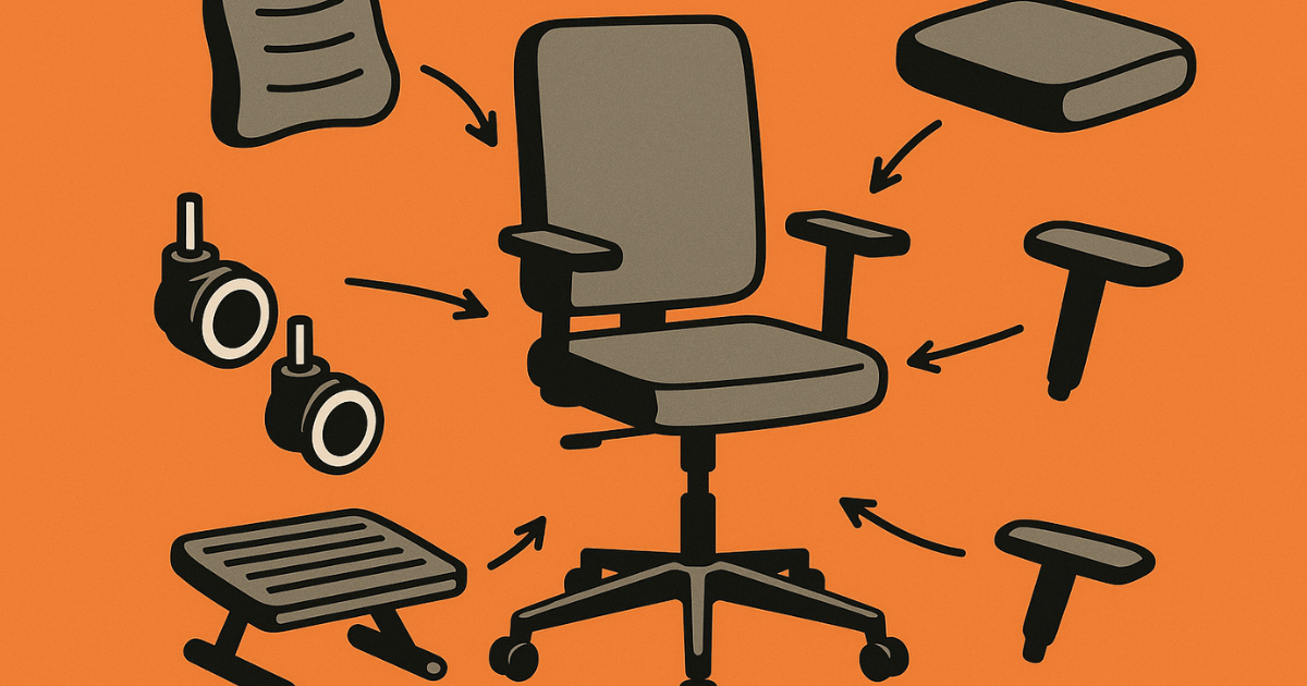 Ilustração com os 5 acessórios ergonômicos que podem dar um upgrade em uma cadeira de escritório.