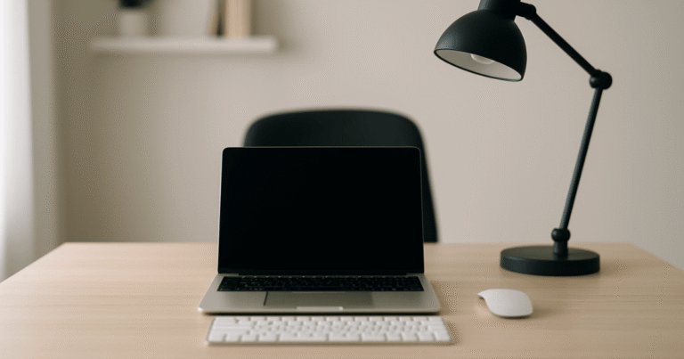 Um home office minimalista e organizado, projetado como um ambiente de deep work.